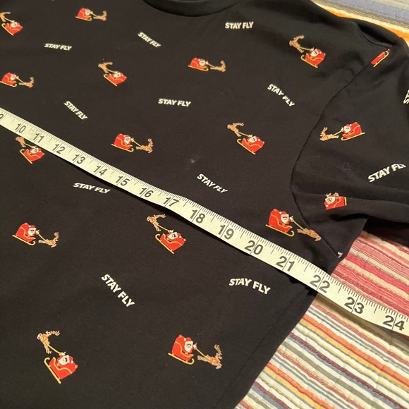 Free Planet Mens XL Black All Over Print Santa Sleigh Stay Fly Graphic T Shirt - Picture 5 of 8